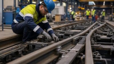 Arbeiter mit blauem Helm und gelber Jacke montiert Bahnweichen in einer Industriehalle
