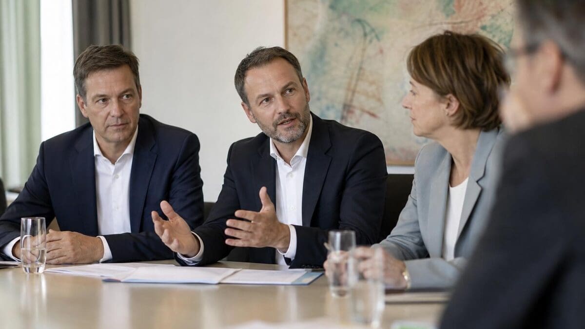 Zwei Männer und eine Frau in Anzügen sitzen an einem Konferenztisch und diskutieren