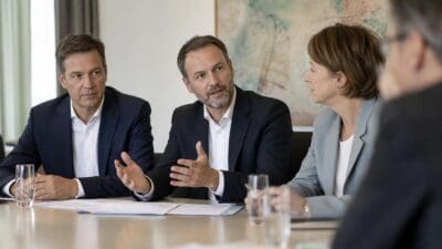 Zwei Männer und eine Frau in Anzügen sitzen an einem Konferenztisch und diskutieren