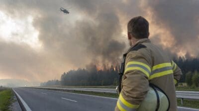 Feuerwehrmann in Uniform steht an leerer Autobahn vor rauchendem Waldbrand mit Hubschrauber im Himmel