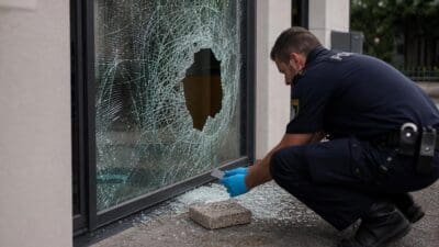 Polizist in Uniform untersucht zerbrochene Scheibe mit Waschbetonplatte und Glassplittern am Boden