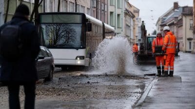 Ein Bus fährt an einer großen Wasserfontäne aus einem Rohrbruch vorbei, Arbeiter in orangener Schutzkleidung stehen daneben.