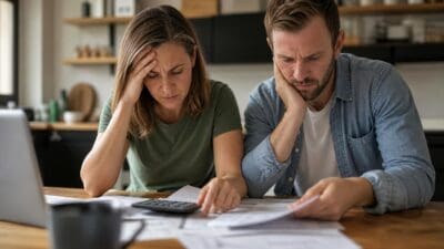 Besorgte Frau und Mann prüfen am Küchentisch Finanzdokumente mit Taschenrechner und Papieren