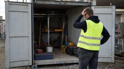 Bauarbeiter in gelber Warnweste steht mit Hand am Kopf vor offenem Werkzeugcontainer auf Baustelle