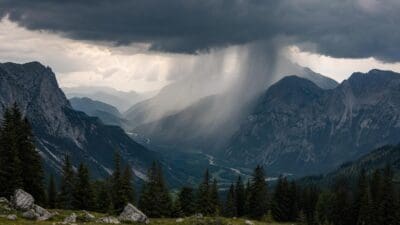 Dramatische Gewitterwolken mit Regenschauern über einer alpinen Berglandschaft in Österreich