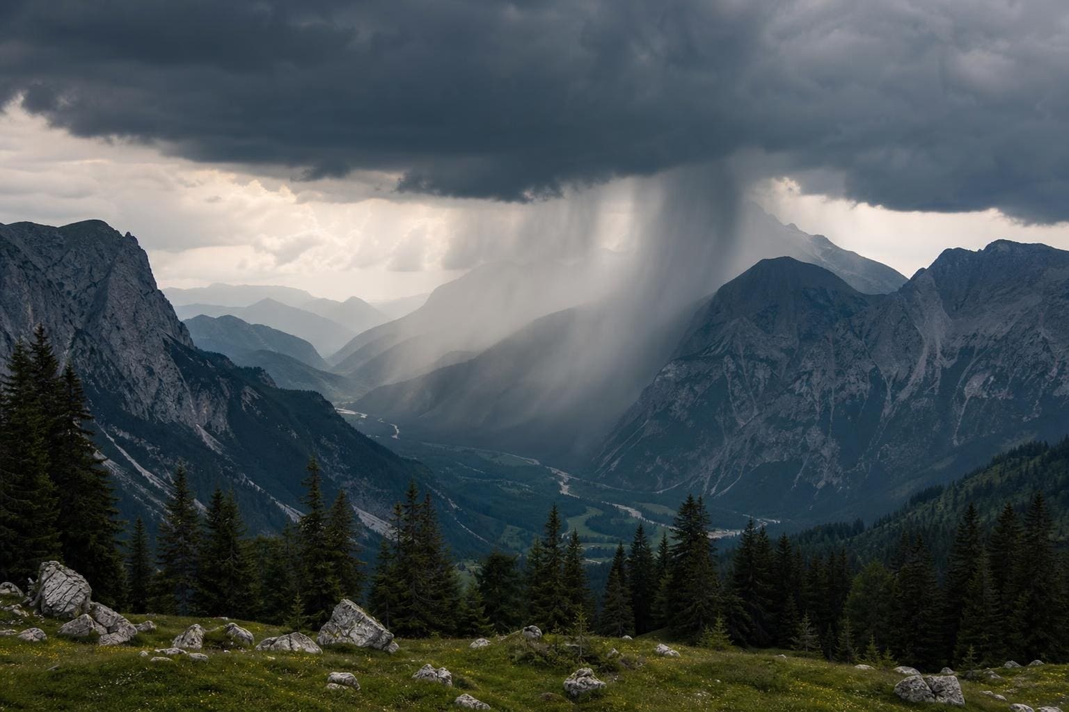 Dramatische Gewitterwolken mit Regenschauern über einer alpinen Berglandschaft in Österreich