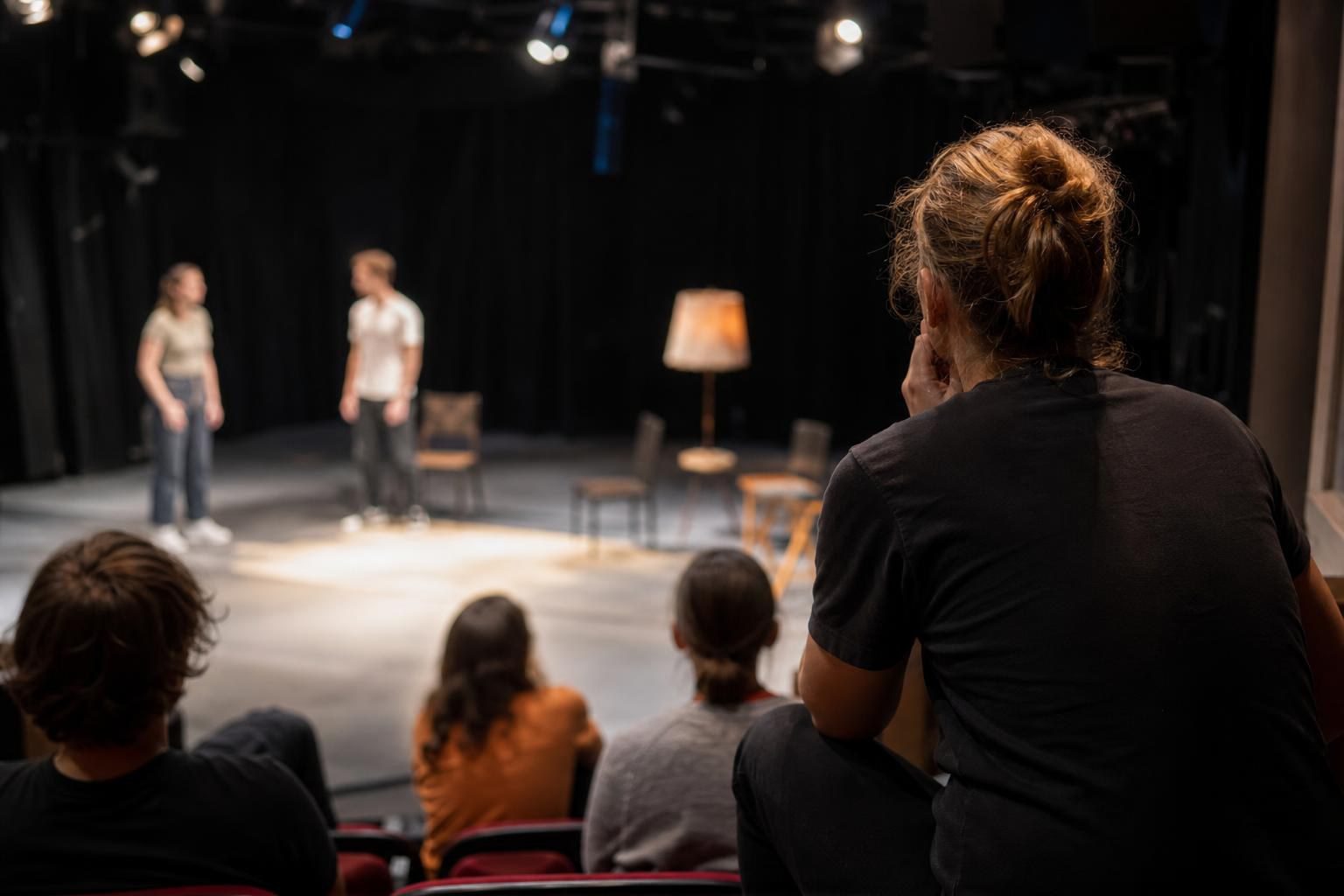 Zuschauerin mit hochgestecktem Haar beobachtet Schauspieler auf einer Theaterbühne während einer Aufführung