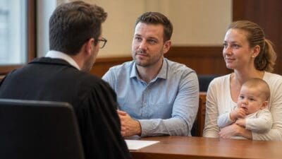 Junger Vater und Mutter mit Baby sitzen einem Anwalt im Besprechungsraum gegenüber