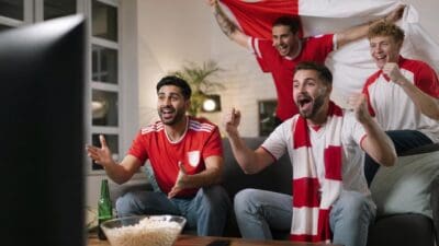 Drei Männer in roten Fußballtrikots jubeln vor einem Fernseher im Wohnzimmer