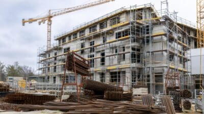 Baustelle mit einem im Bau befindlichen Gebäude, Gerüsten, Kränen und gestapelten Stahlstäben im Vordergrund