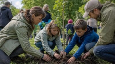 Eine Frau, ein Mädchen, ein Junge und ein Mann pflanzen gemeinsam einen jungen Baum im Park.