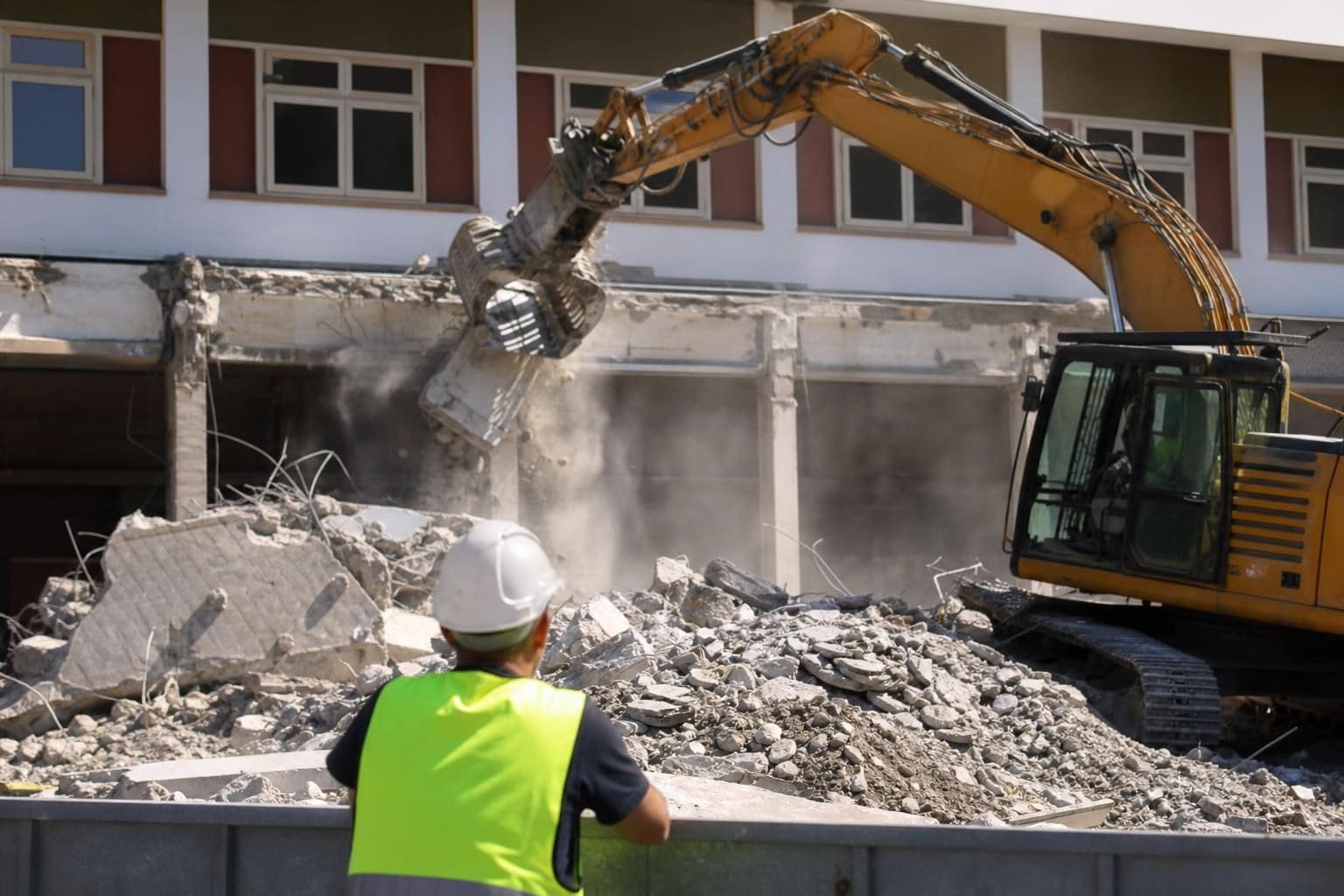 Gelber Bagger reißt Fassade einer Schule ab, Arbeiter in Warnweste beobachtet die Abbrucharbeiten