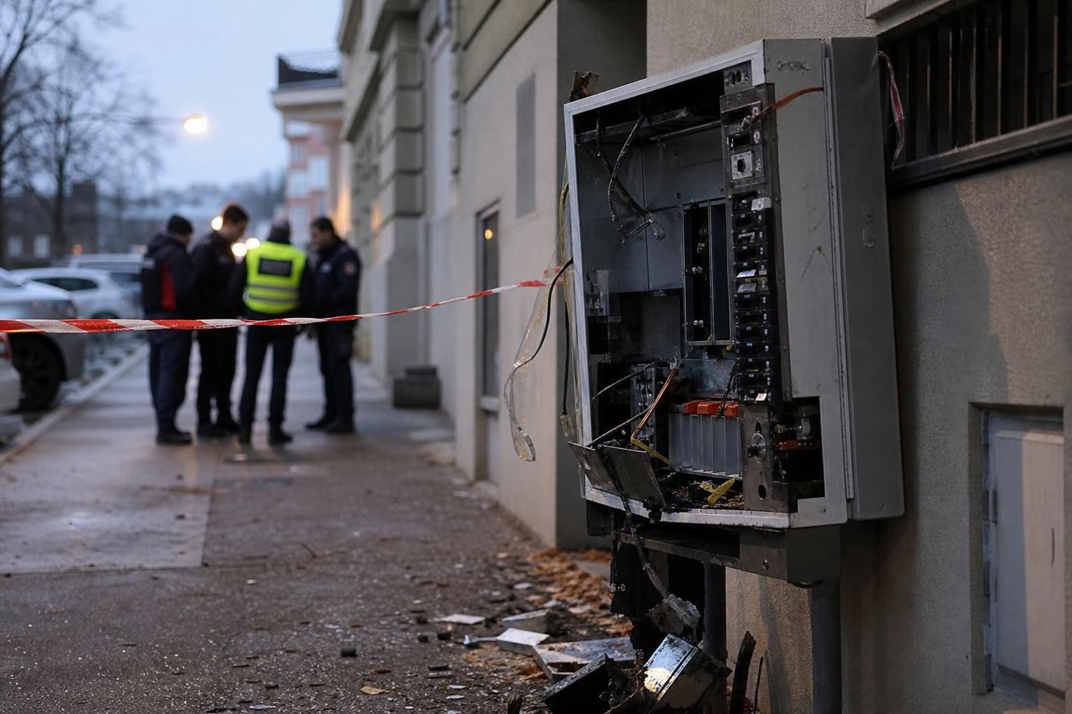 Aufgebrochener Zigarettenautomat mit offener Tür und herumliegenden Trümmern vor einer Hauswand