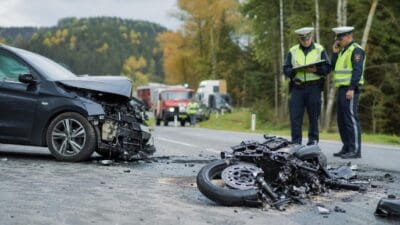 Zwei Polizisten stehen neben einem zerstörten Motorrad und einem beschädigten Auto auf einer Straße