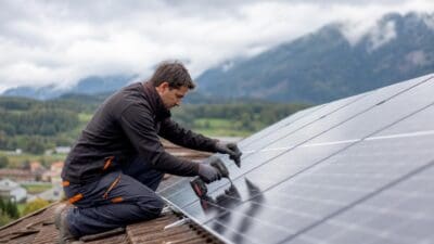 Handwerker montiert Solarmodule auf einem Dach vor Berglandschaft