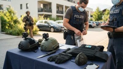 Polizisten untersuchen sichergestellte Helme mit Kameras, ein Messer und eine Schutzweste auf einem Tisch.