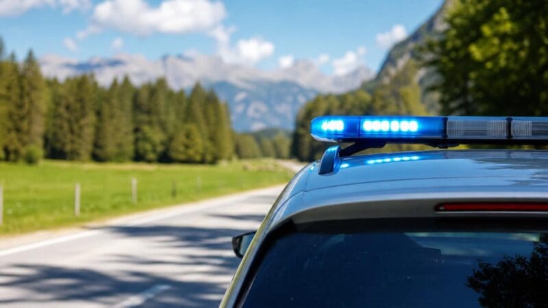 Blaues Blaulicht leuchtet auf dem Dach eines Polizeifahrzeugs auf einer Landstraße vor Bergen
