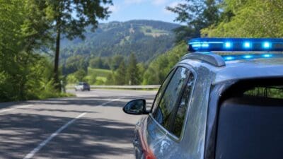 Polizeifahrzeug mit aktiviertem blauen Blaulicht auf einer Landstraße in bergiger Landschaft