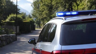 Heck eines Polizeifahrzeugs mit eingeschaltetem Blaulicht auf einer Landstraße vor Bergen