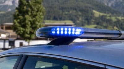 Nahaufnahme eines leuchtenden blauen Blaulichts auf dem Dach eines Polizeifahrzeugs vor Bergen.
