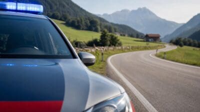 Polizeifahrzeug mit aktiviertem Blaulicht auf einer kurvenreichen Straße in bergiger Landschaft