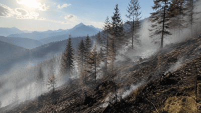Verbrannter Berghang mit aufsteigendem Rauch und vereinzelten Bäumen vor Bergpanorama