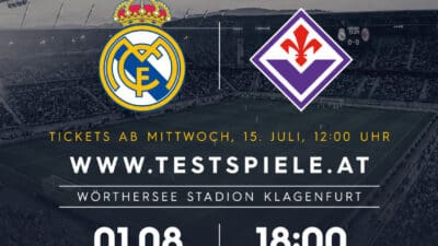 Innenansicht des leeren Wörthersee Stadions in Klagenfurt mit Real Madrid und Fiorentina Logos