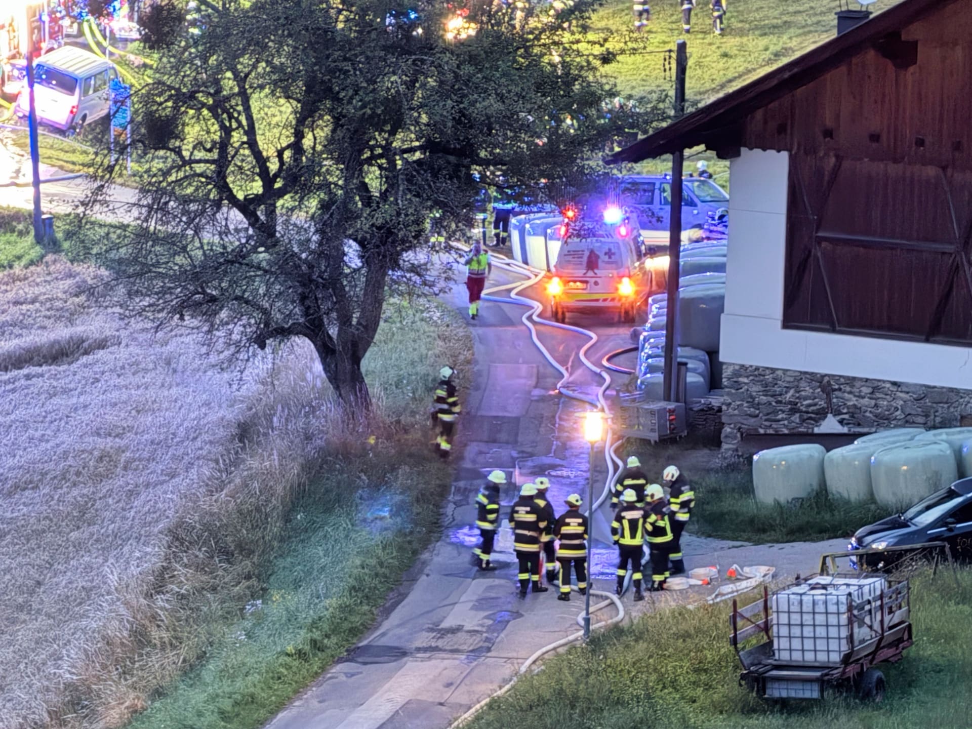 Feuerwehrleute in gelben Jacken stehen auf einem Weg bei Einsatzfahrzeugen mit Blaulicht neben einem Holzhaus.