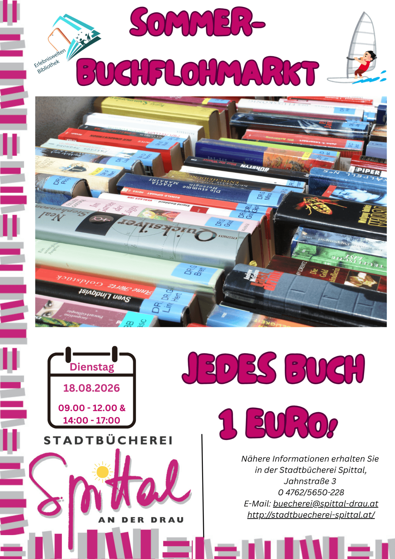 Viele bunte Bücher gestapelt in einem Regal der Stadtbücherei Spittal an der Drau