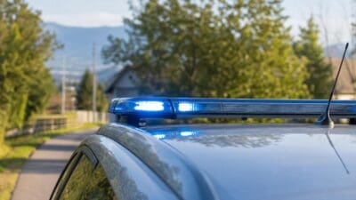 Blaues Blaulicht leuchtet auf dem Dach eines Polizeifahrzeugs in ländlicher Umgebung mit Bergen im Hintergrund.
