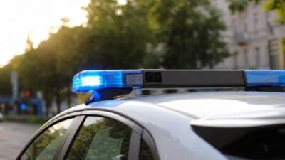 Nahaufnahme eines aktivierten blauen Blaulichts auf dem Dach eines Polizeiautos