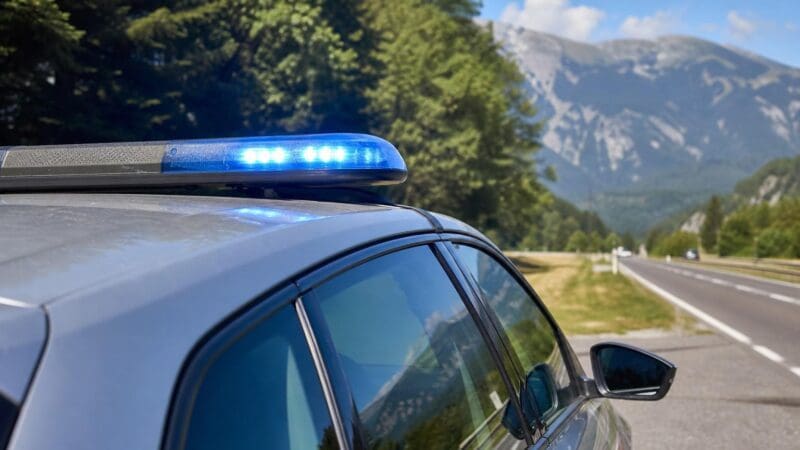 Silbernes Polizeiauto mit leuchtendem blauen Blaulicht auf dem Dach, geparkt an einer Straße mit Bergen im Hintergrund.