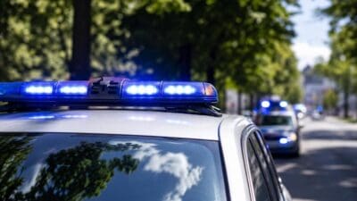 Nahaufnahme des Daches eines Polizeiautos mit blauem Blaulicht und einem weiteren Fahrzeug im Hintergrund