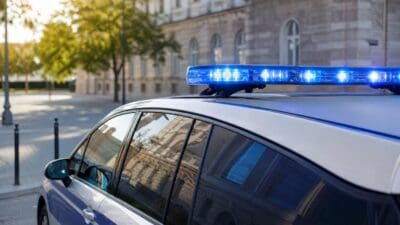 Weiß-blauer Polizeiwagen mit blauem Blaulicht auf dem Dach vor einem Gebäude