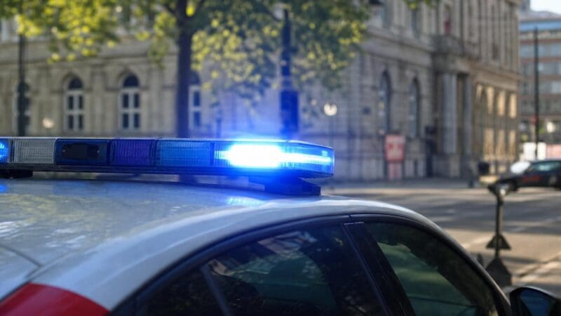 Nahaufnahme eines Polizeifahrzeugs mit leuchtendem blauen Blaulicht auf dem Dach