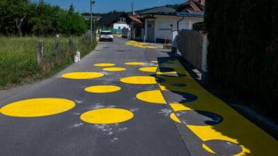 Gelbe runde Markierungen auf einer asphaltierten Straße mit einem Auto im Hintergrund