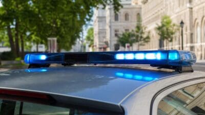 Blaues Blaulicht leuchtet auf dem Dach eines Polizeifahrzeugs vor Gebäuden und Bäumen.
