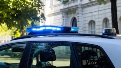 Nahaufnahme eines Polizeifahrzeugs mit blauem Blaulicht auf dem Dach vor einem Gebäude