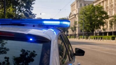 Polizeifahrzeug mit Blaulicht auf einer Straße in Wien-Leopoldstadt