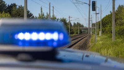 Ein blaues Blaulicht ist unscharf im Vordergrund vor Bahngleisen mit Oberleitungen und einem Signal sichtbar.