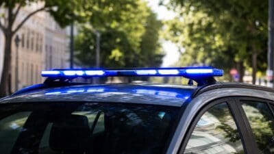 Nahaufnahme des Blaulichts auf dem Dach eines Polizeifahrzeugs mit verschwommenem Hintergrund aus Bäumen und Häusern