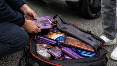 Offene Tasche mit vielen Schokotafeln auf dem Asphalt neben einem Auto