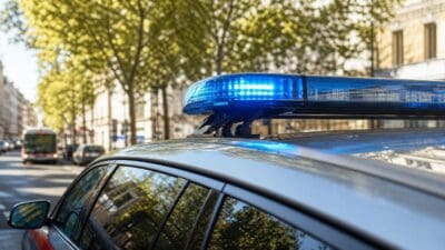 Nahaufnahme des blauen Blaulichts auf dem Dach eines Polizeifahrzeugs in einer Baumallee