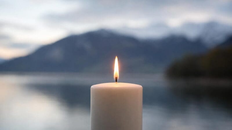 Nahaufnahme einer brennenden weißen Kerze mit unscharfem See und Bergen im Hintergrund