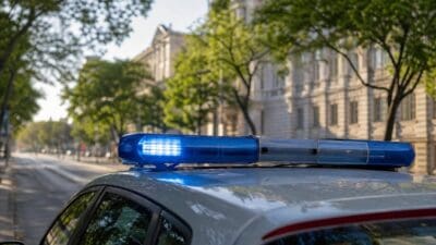 Blaues Blaulicht leuchtet auf dem Dach eines Polizeifahrzeugs vor Bäumen und Gebäuden.
