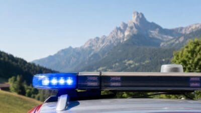 Aktiviertes blaues Blaulicht auf dem Dach eines Einsatzfahrzeugs mit Bergen im Hintergrund