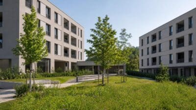 Zwei mehrstöckige Wohngebäude mit Balkonen umgeben einen begrünten Innenhof mit Bäumen und Rasen