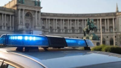 Nahaufnahme eines blauen Blaulichts auf dem Dach eines Polizeifahrzeugs vor einem historischen Gebäude.