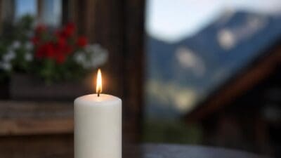 Eine brennende weiße Kerze auf einem Holztisch vor unscharfen Bergen und Blumen.