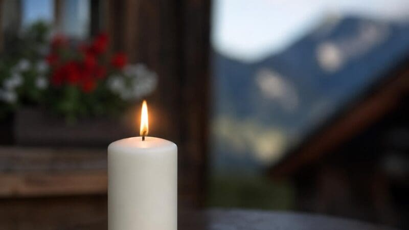 Eine brennende weiße Kerze auf einem Holztisch vor unscharfen Bergen und Blumen.